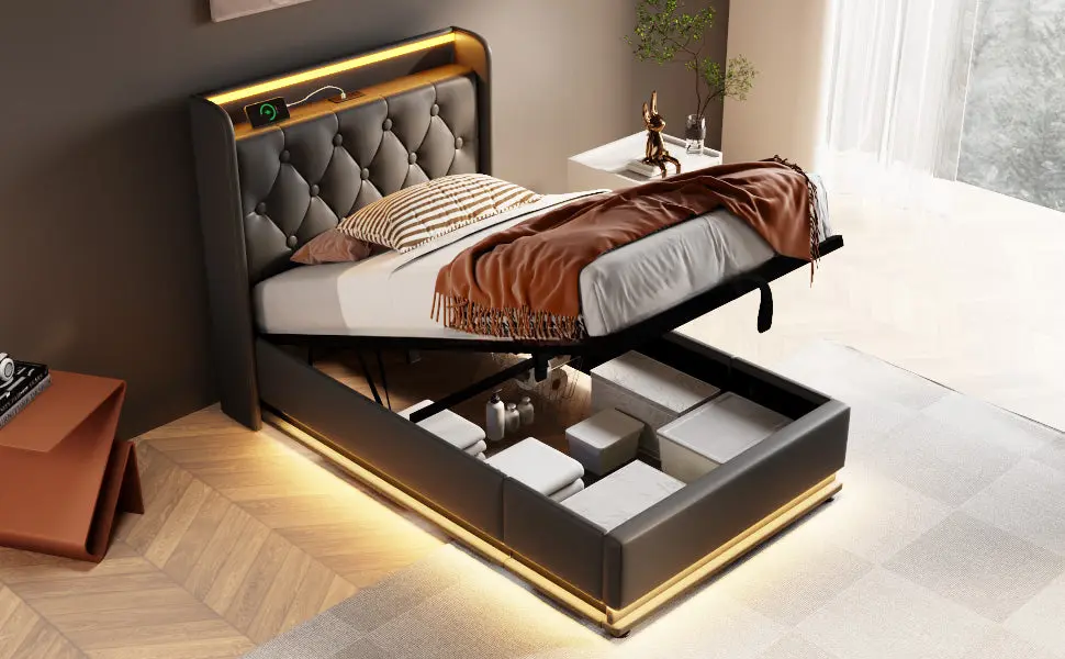 Twin Upholstered Bed 360 Surround LED Function Buttons Remote artistry at home