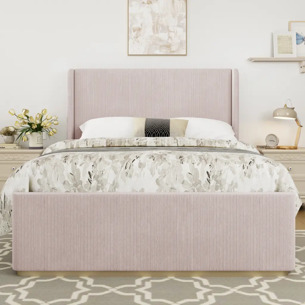 King Dimensions Corduroy Upholstered Bed Frame Vertical Stripe Wingback bed best