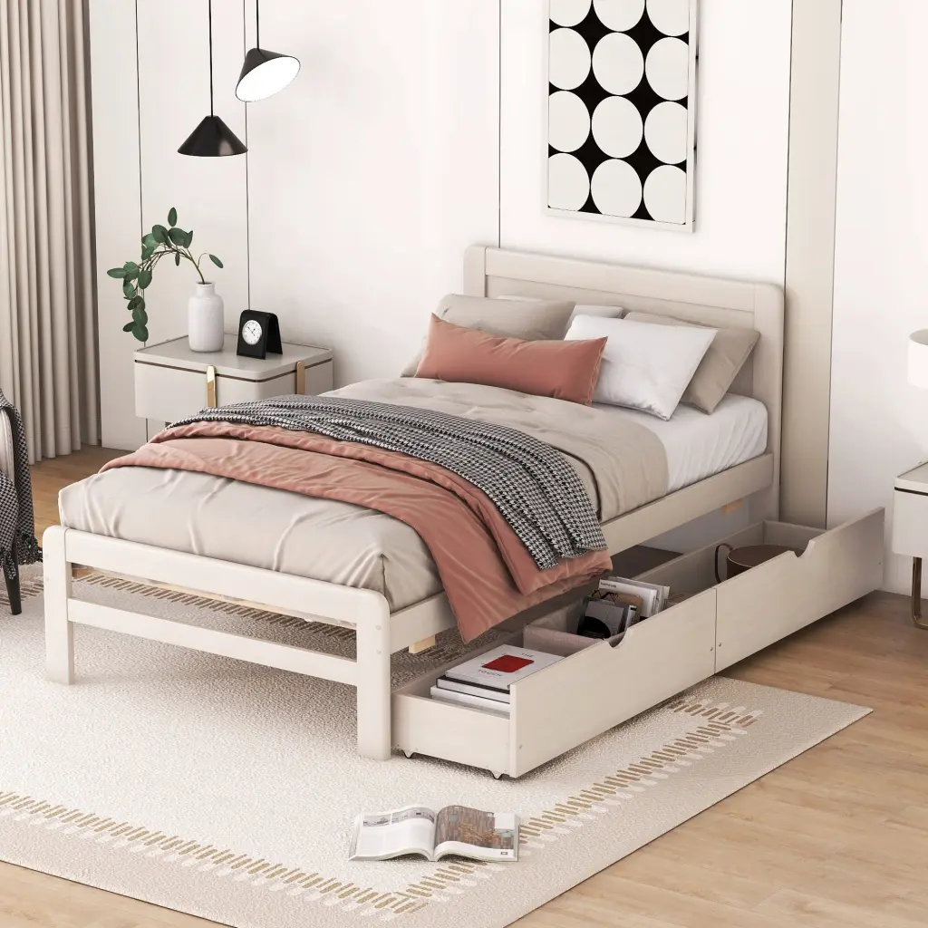 Modern Design Twin Size Platform Bed Frame 2 Drawers White Wardrobe fangxing