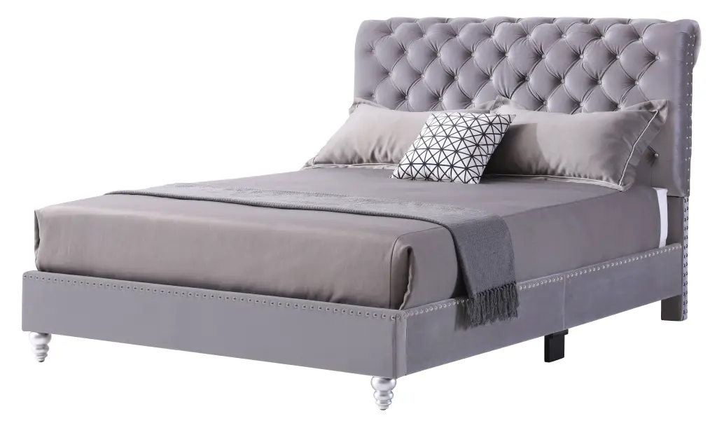 Maxx Tufted Upholstered Bed Gray Velvet Modern Bedroom glory furniture