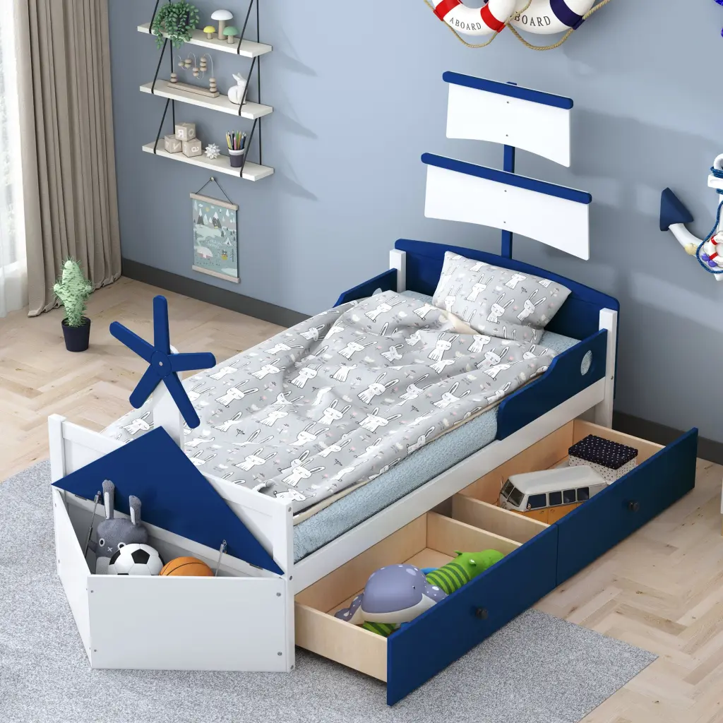 Twin Dimensions Boat Influenced Platform Bed 2 Drawers Storage homey life