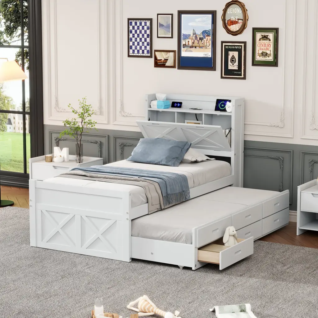 Twin Size Wooden Bed Storage Headboard, Outlets and Extendable Design homey life