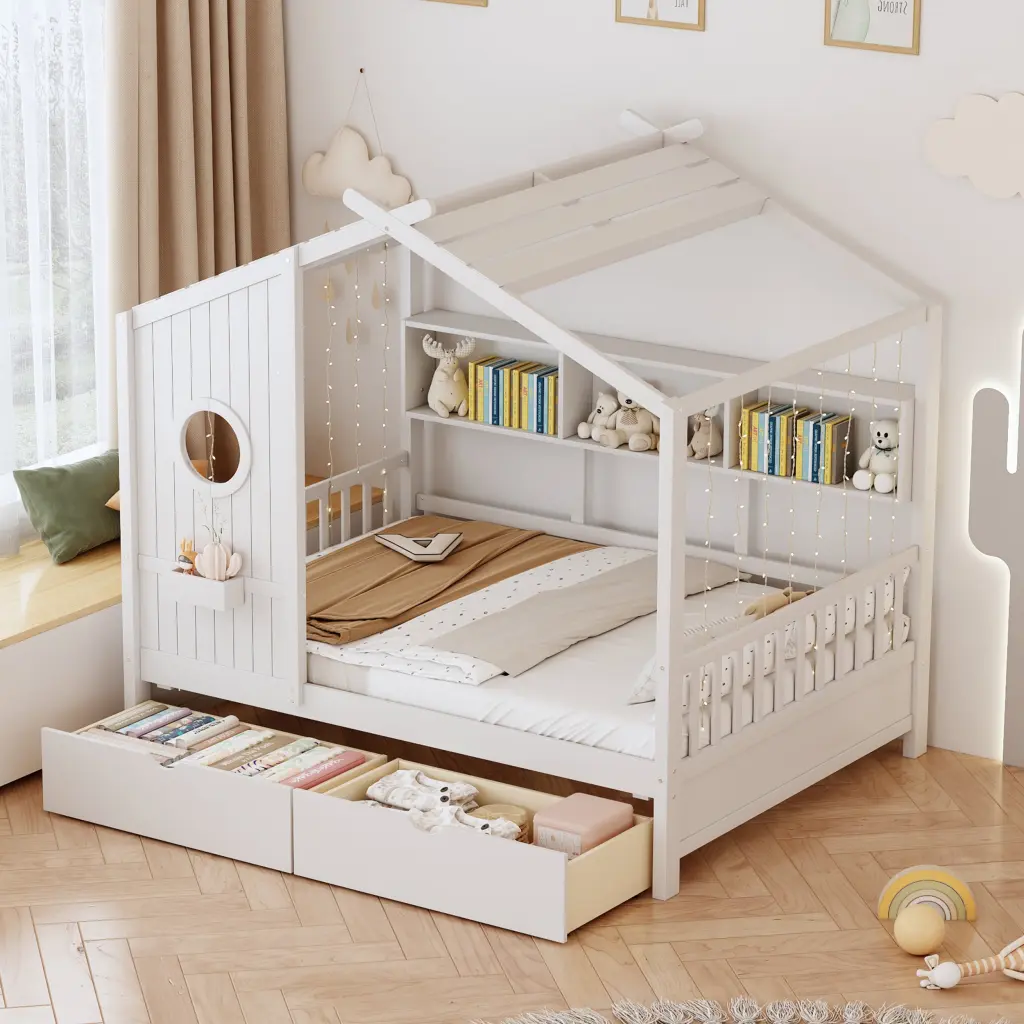 Wooden Full Size House Bed 2 Drawers Kids Bed Storage Shelf homey life