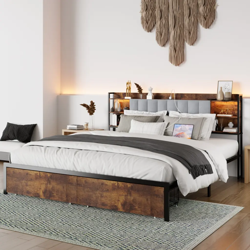 King Size Bed Frame 2 Storage Drawers and LED Lights Headboard jhomier furniture