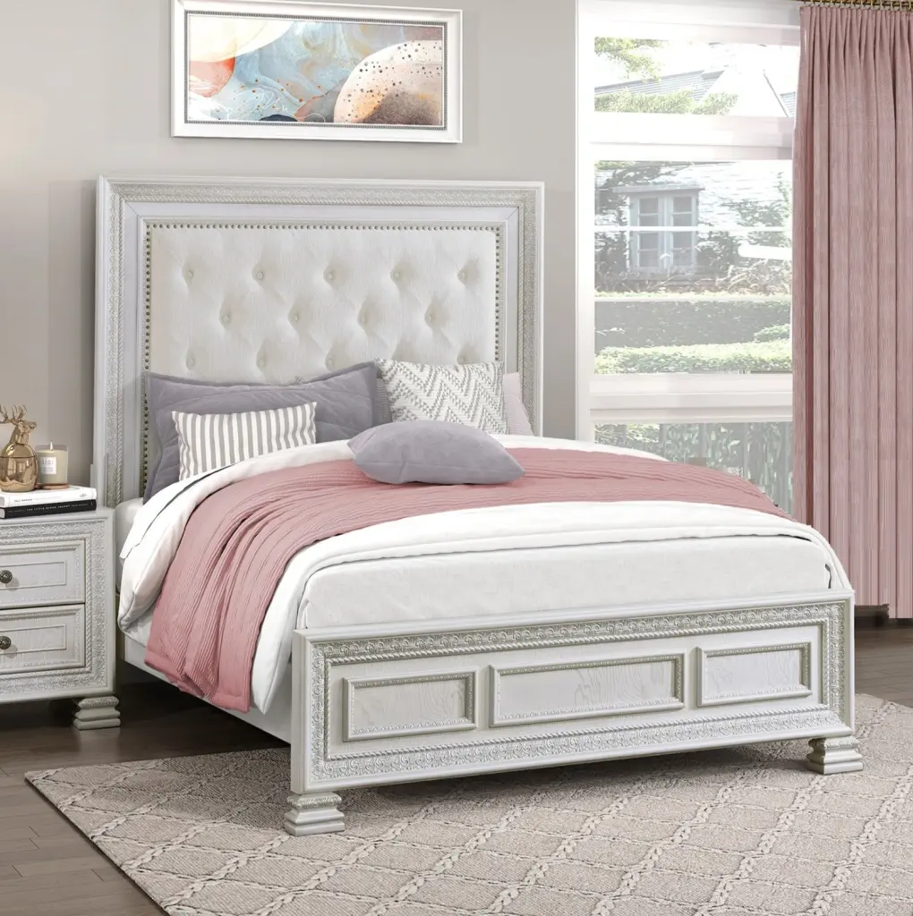 Classic Premium Pearl White Finish Queen Bed Button Tufted Upholstered kanepe