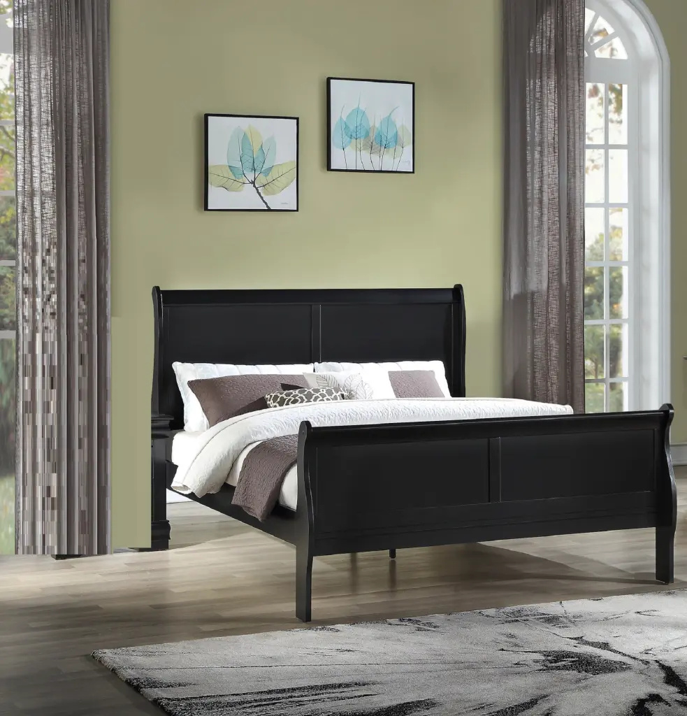 Louis Phillipe Brown Black Finish Full Size Panel Sleigh Bed Solid Wood kanepe