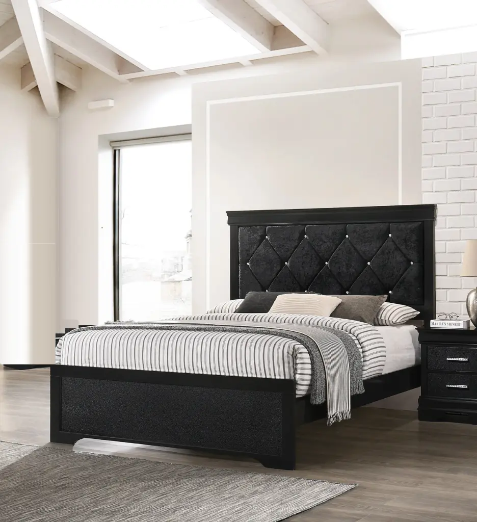 Modern Black Finish Queen Size Panel Bed Wooden Fabric Upholstered Headboard kanepe