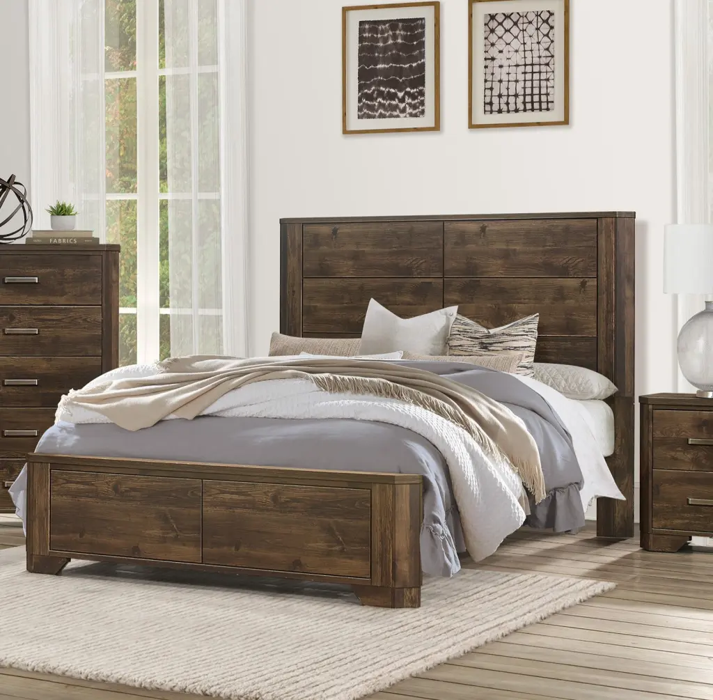 Rustic Brown Finish Queen Bed Clipped Corners Transitional Style kanepe