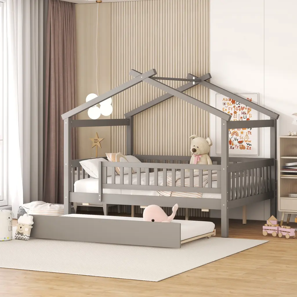 Full Dimensions Wooden Houtilize Bed Twin Trundle Gray lucky furniture