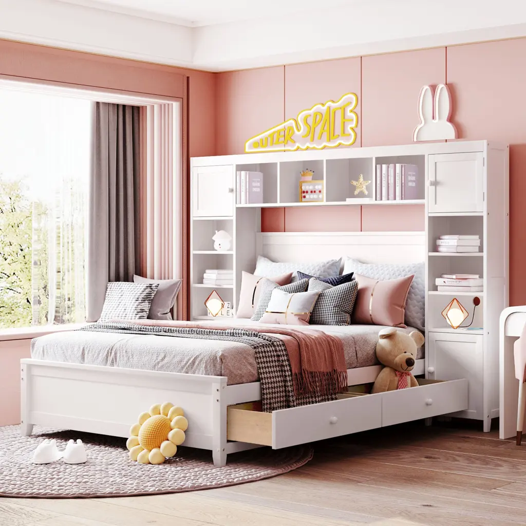 Full Size Timberen Bed All One Cabinet and Shelf White lucky furniture