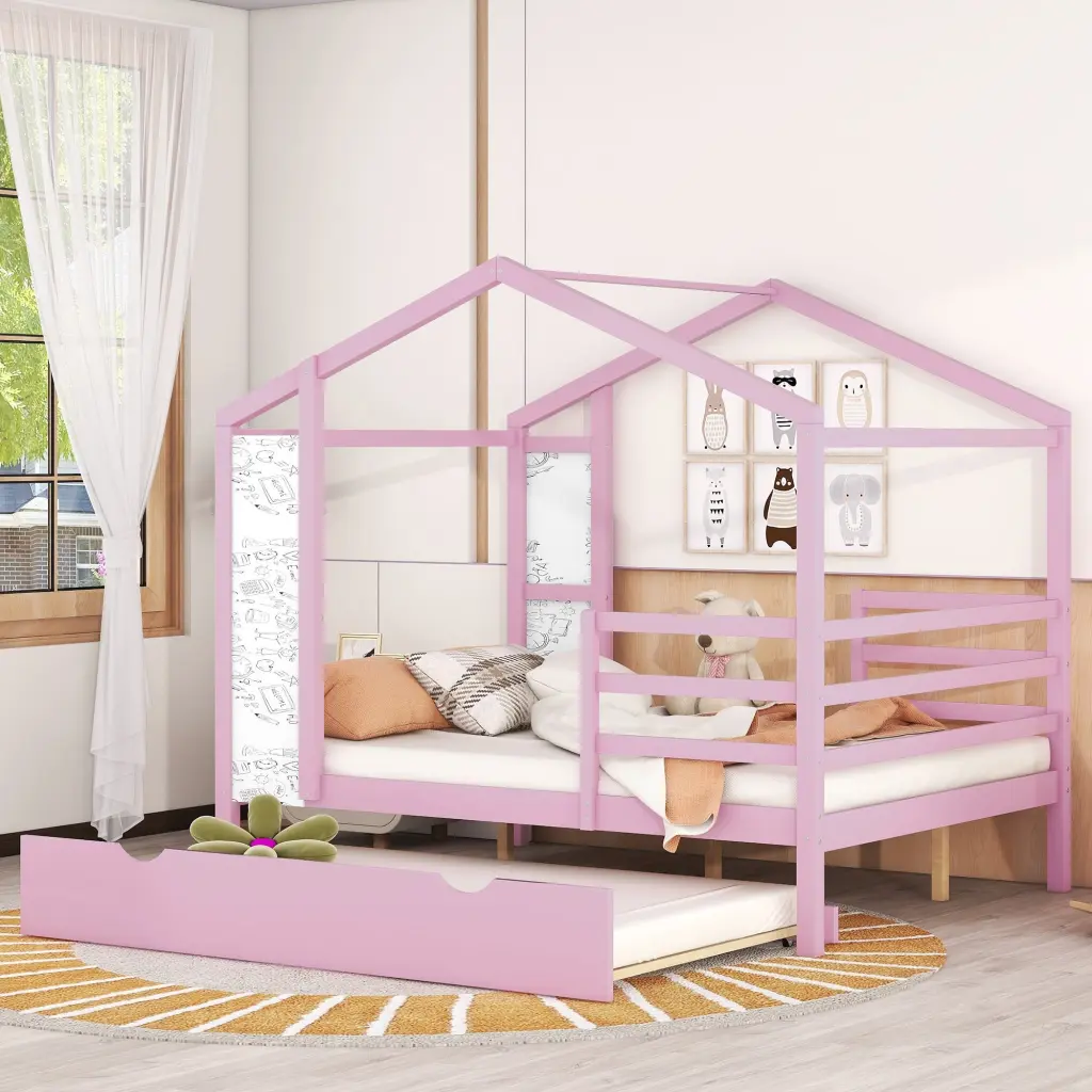 Full Size Wooden Bed Fence and Writing Board Pink lucky furniture