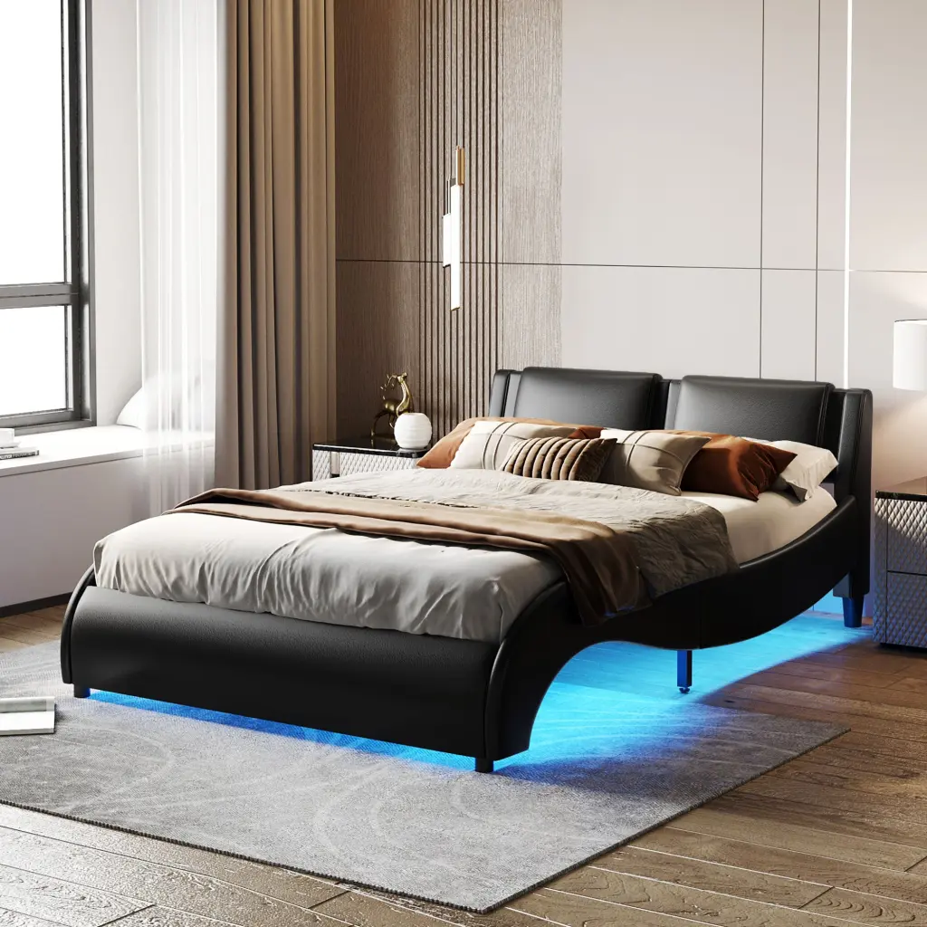 Queen Size Upholstered Faux Leather Platform Bed LED Light Frame lucky furniture