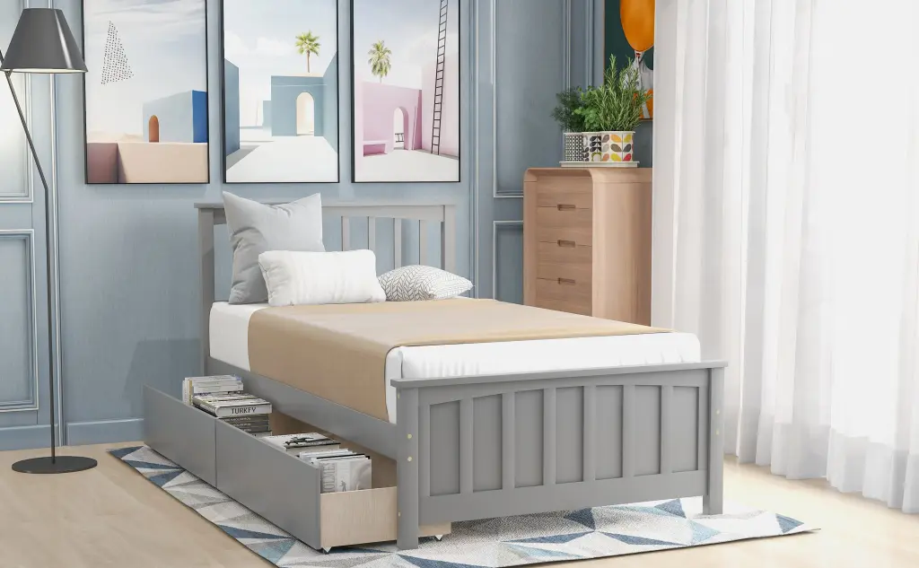 Twin Dimensions Platform Bed Two Drawers, Gray Gray Solid Timber lucky furniture