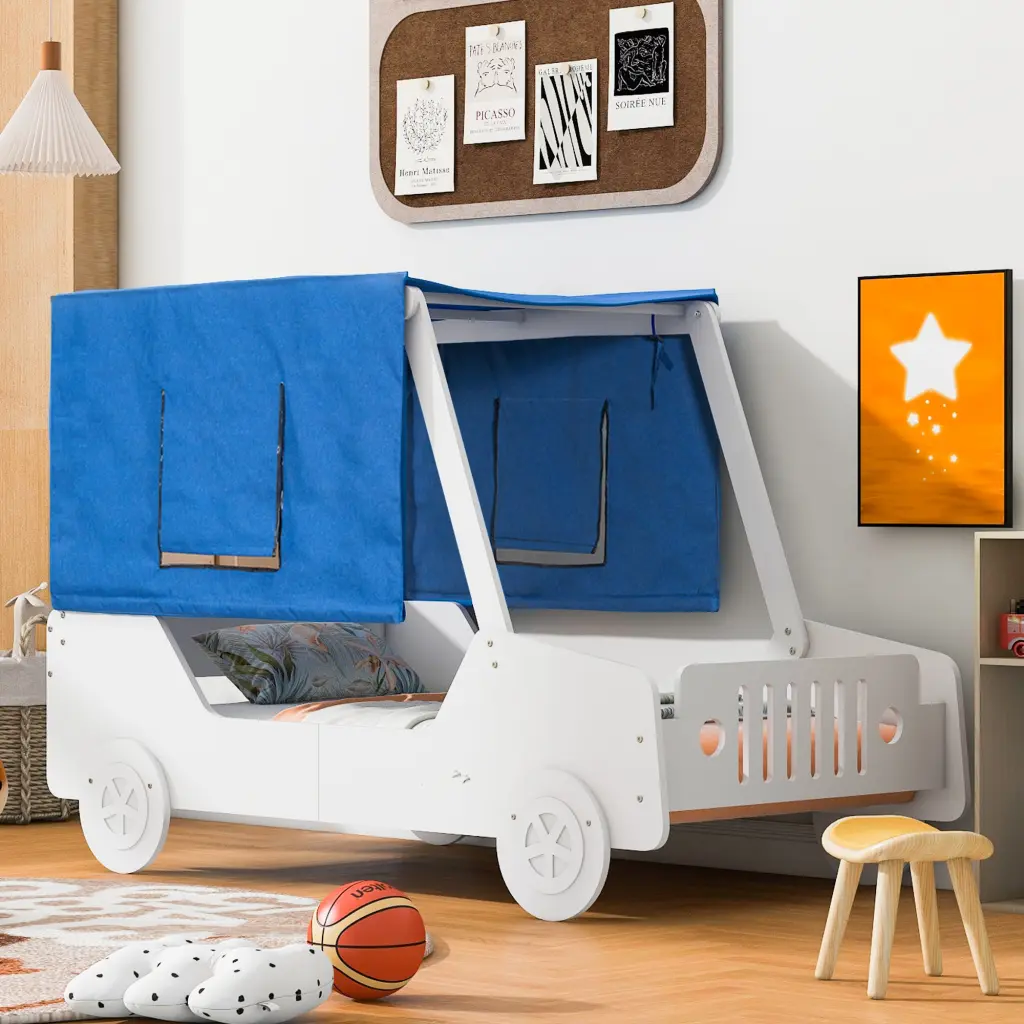 Twin Size Car Themed Bed Tents White Plywood Kids Bed lucky furniture
