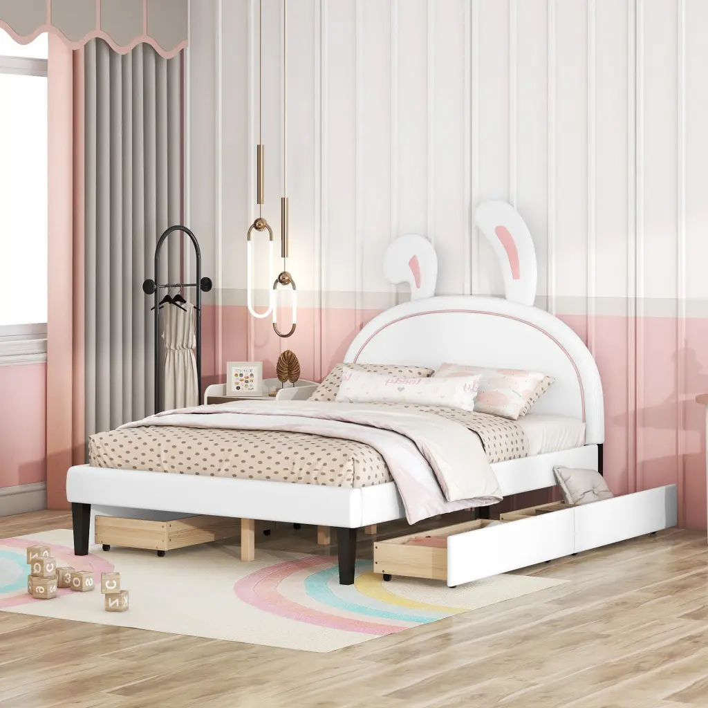 Full Size Upholstered Leather Platform Bed Rabbit Ornament lucky world