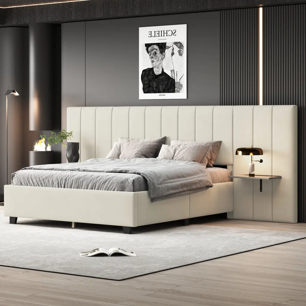 Queen Size Upholstered Platform Bed Big Headboard Bedroom Furniture lucky world