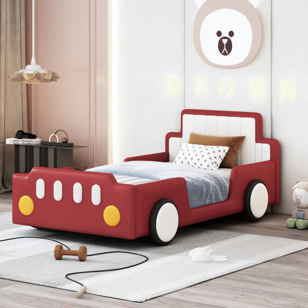 Twin Size Race Car Influenced Platform Bed Wheels Red PU Leather lucky world