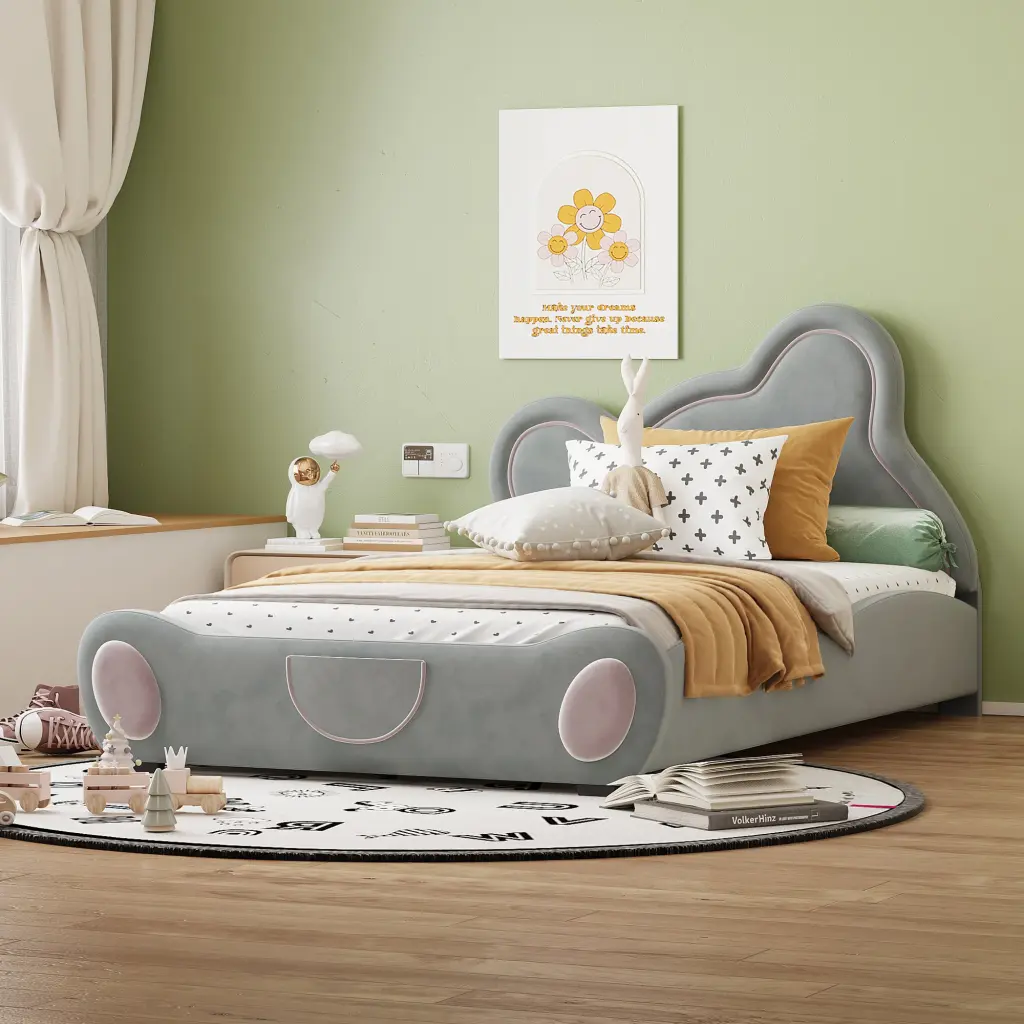 Twin Size Velvet Platform Bed Bear Influenced Headboard and Bed End lucky world