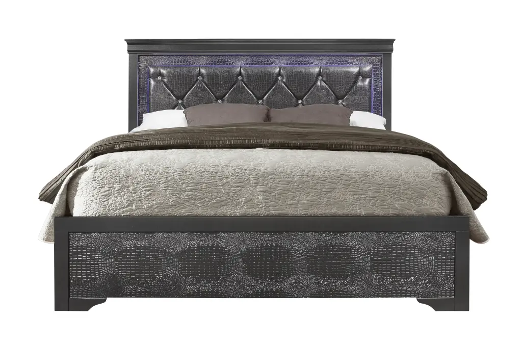 Shaker Crocodile Metallic Grey King Bed LED Lighting and Solid Wood Frame luxe modern furniture