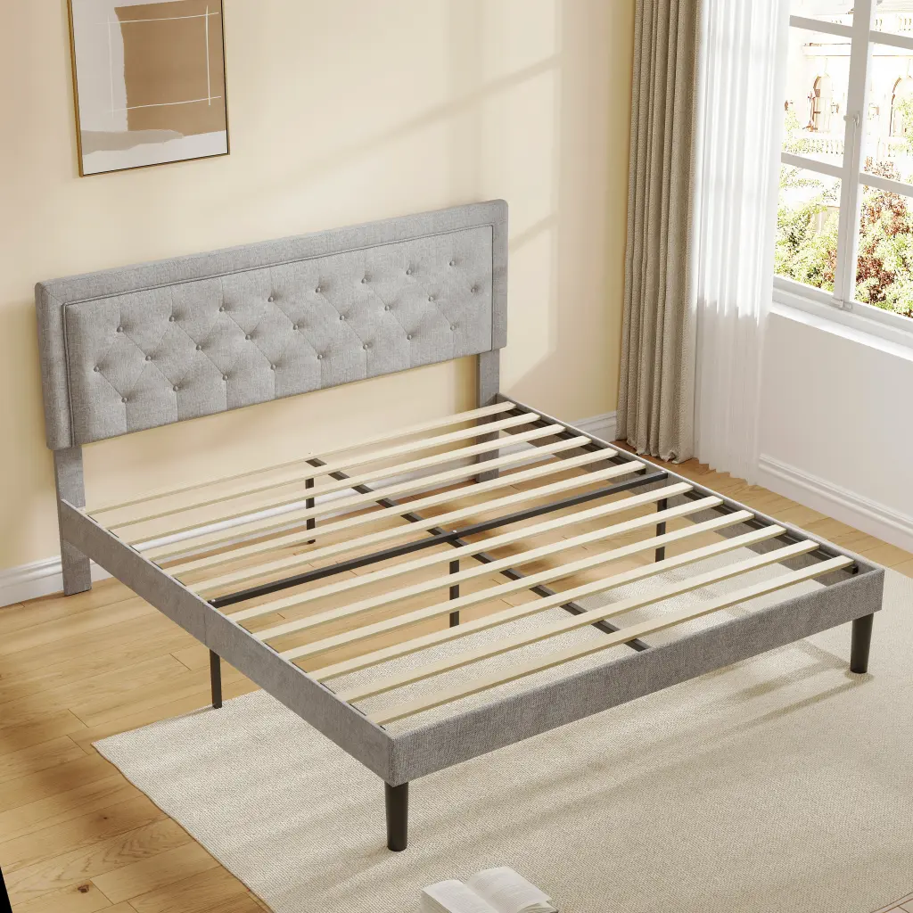 Light Grey Bed Frame Adjustable Border Headboard Queen Size Box Spring rnb