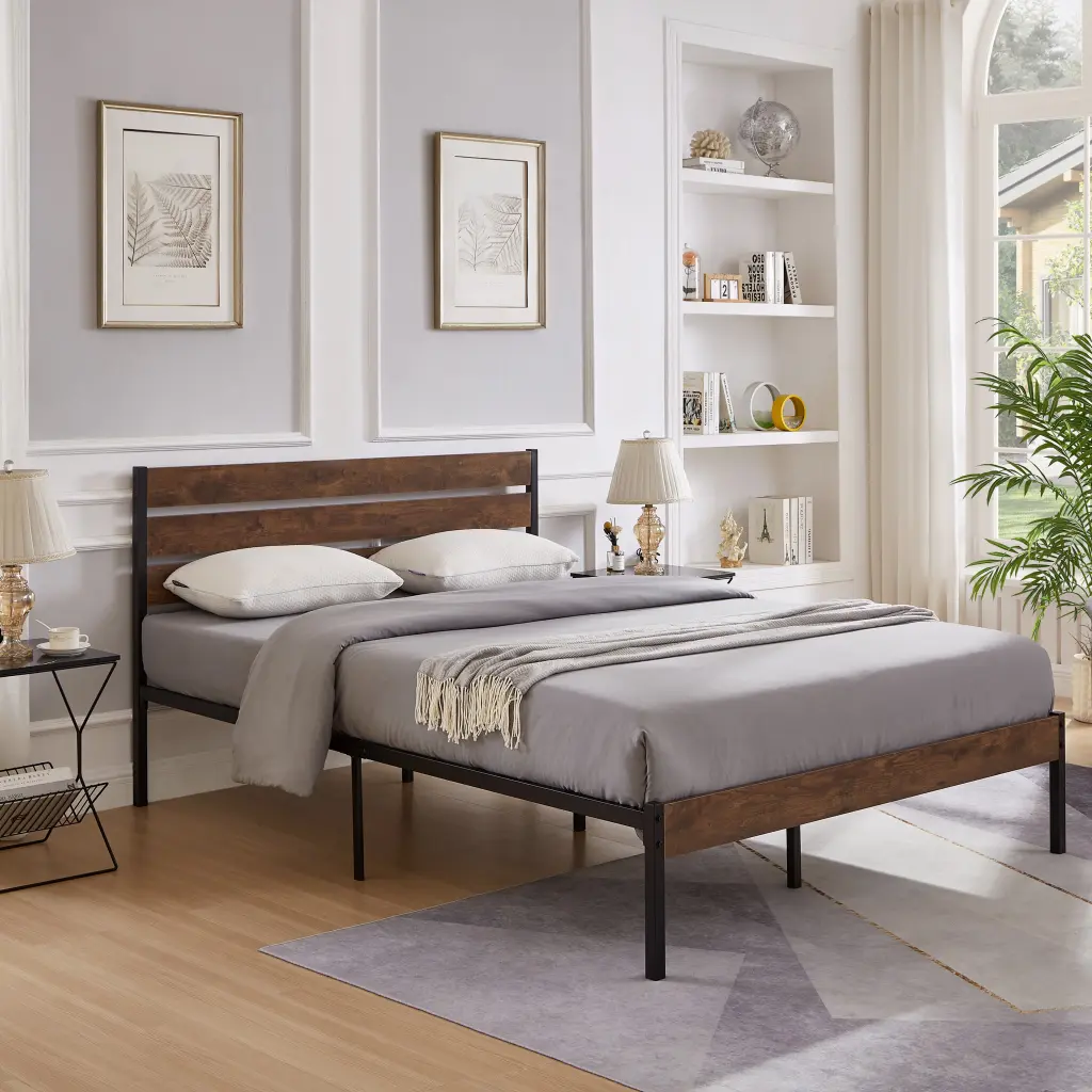 Queen Size Bed Frame Wood Headboard and Strong Metal Slats rnb