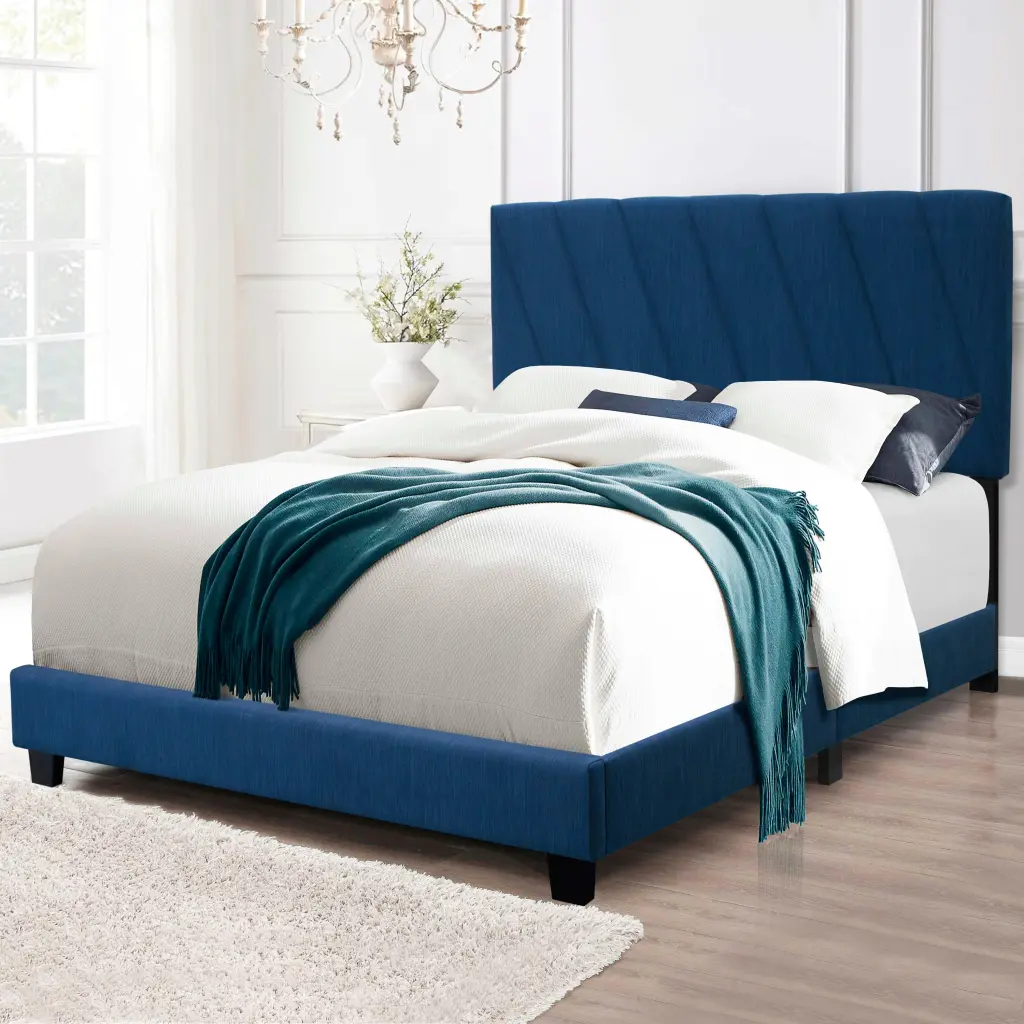 Blue Queen Customizable Upholstered Bed Modern Minimalist Box Spring serene home