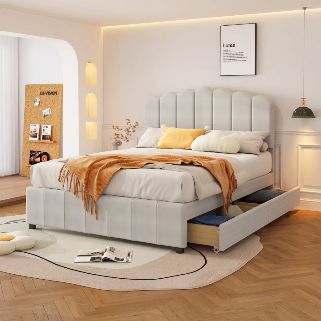 Full Size Upholstered Bed 4 Storage Drawers and Wood Slat Support wm dreamland