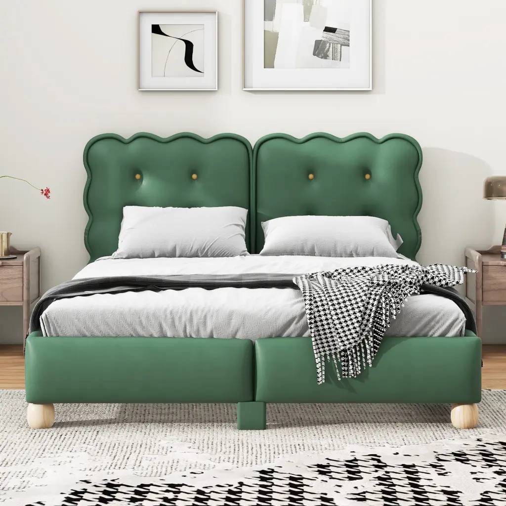 Queen Upholstered Platform Bed Assistance Legs Green wm dreamland