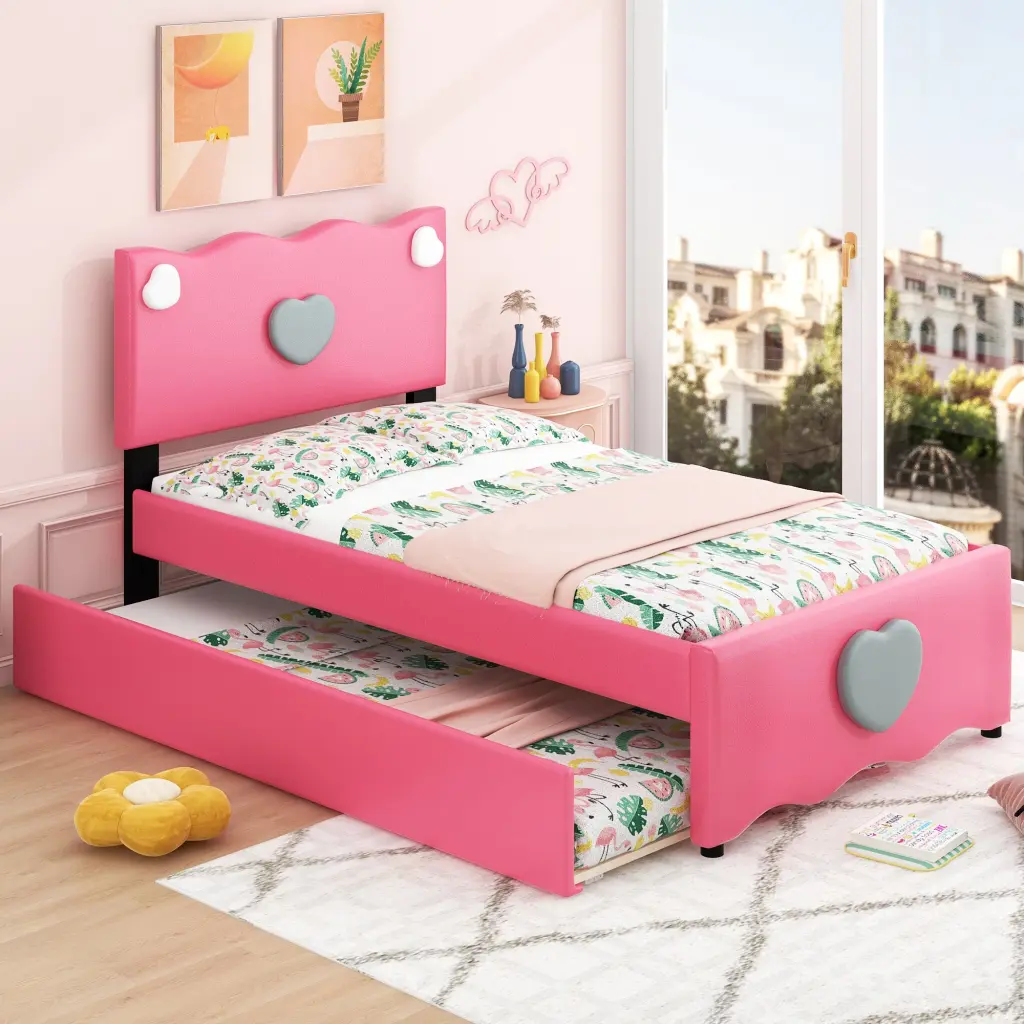 Twin Upholstered Platform Bed Trundle Heart Decor Kids Bed wm dreamland