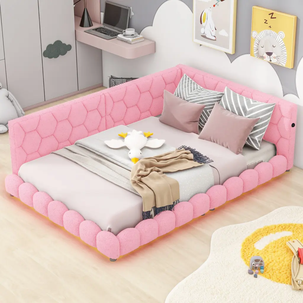 Upholstered Full Size Platform Bed USB Ports and LED Lighting Pink wm store