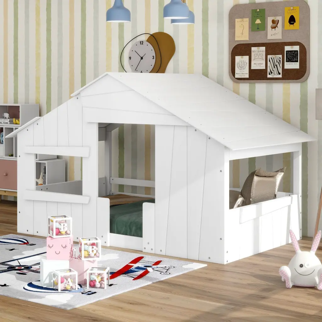 White Wood Twin House Bed Frame Roof Window and Guardrail wm store
