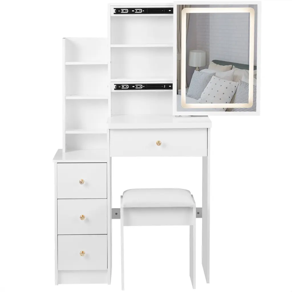 Small Left Bedside Cabinet Vanity Table Cushioned Stool and Touch Control crazy elf