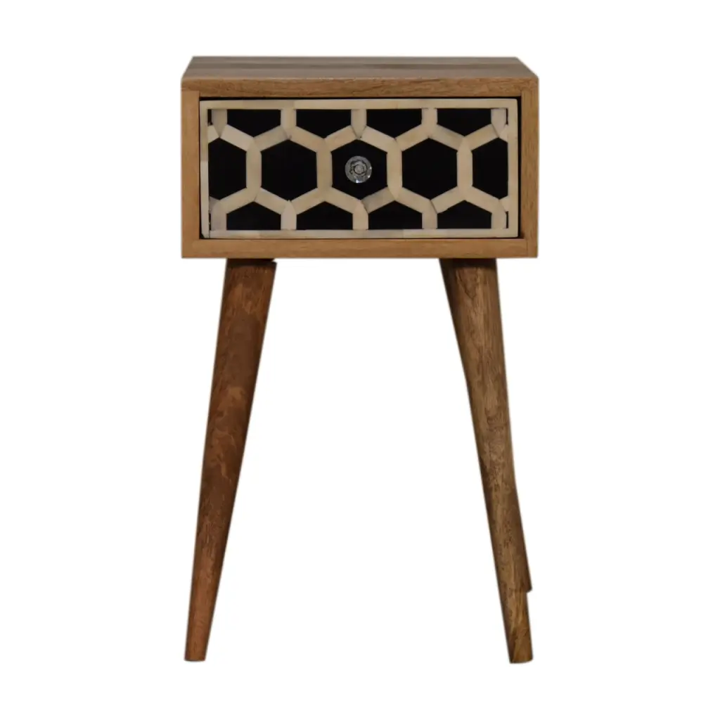 Solid Timber Mini Bone Inlay Bedside Table 1 Drawer - Brown Oak Finish artisan furniture