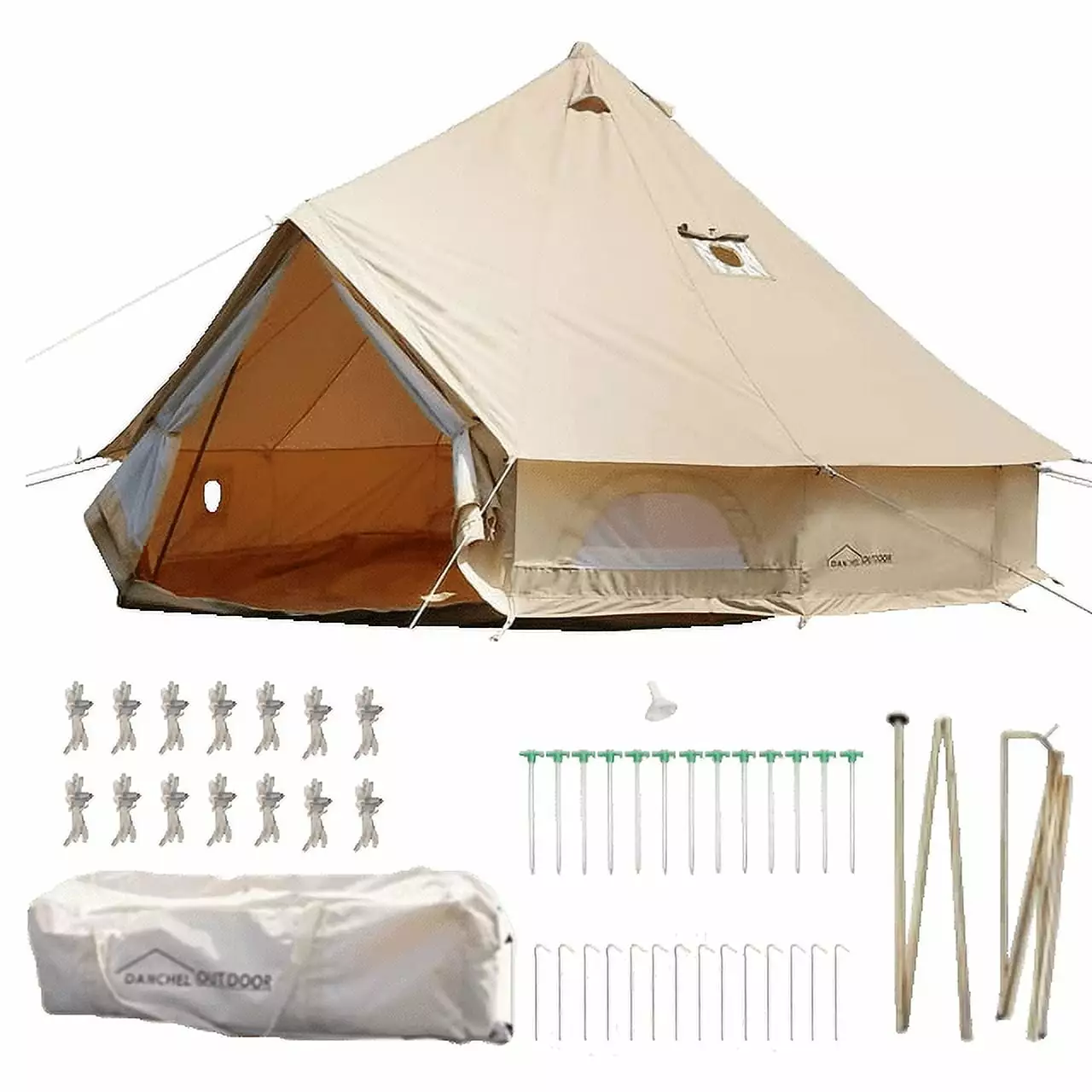 DANCHEL OUTDOOR 16.4ft Cotton Canvas Waterproof Bell Tent 2 Stove Jacks Family Camping 6 Person 5m