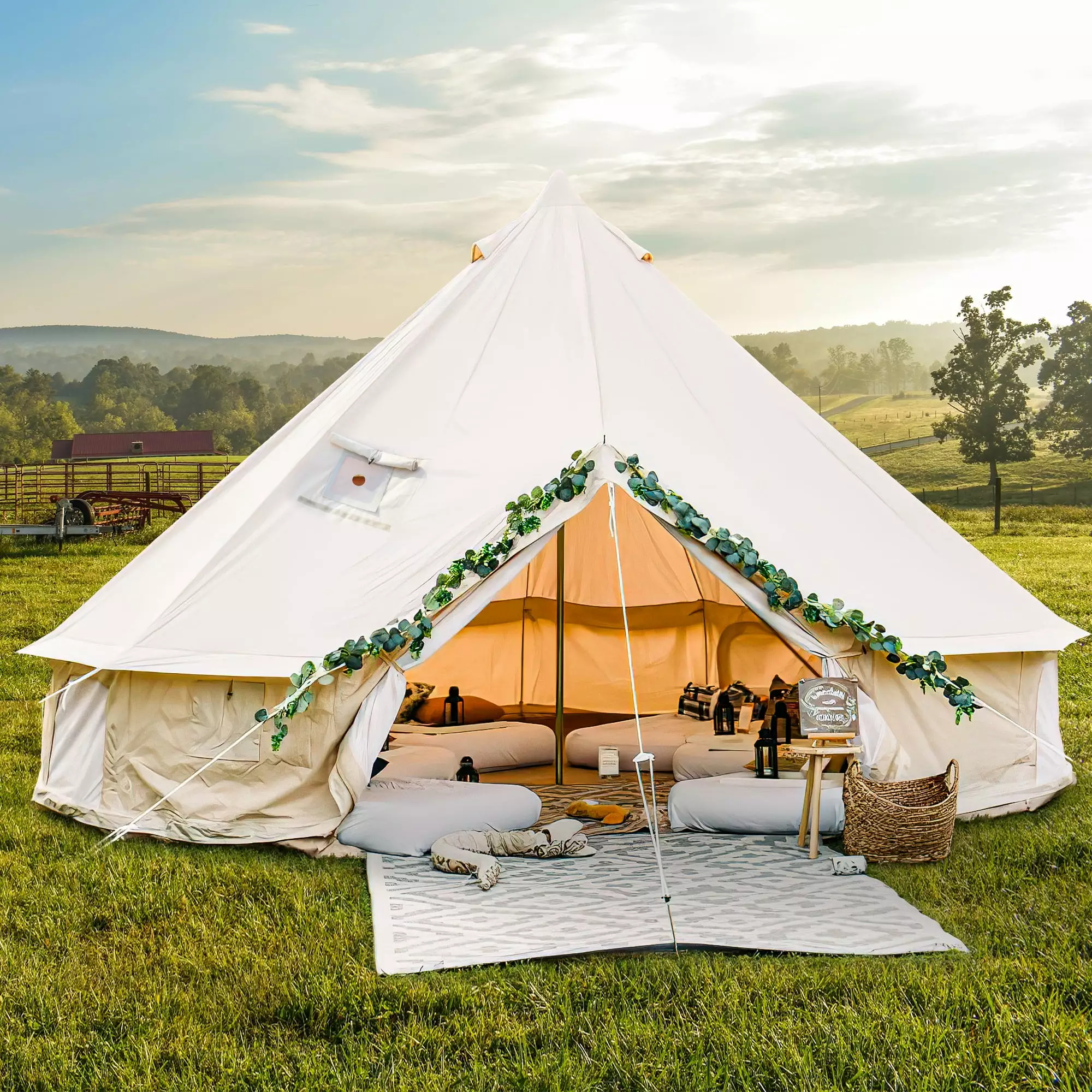 Dextrus 4 Seasons Glamping Bell Tent Waterproof Stove Jacks and 4 Breathable Windows Outdoor Camping 3m