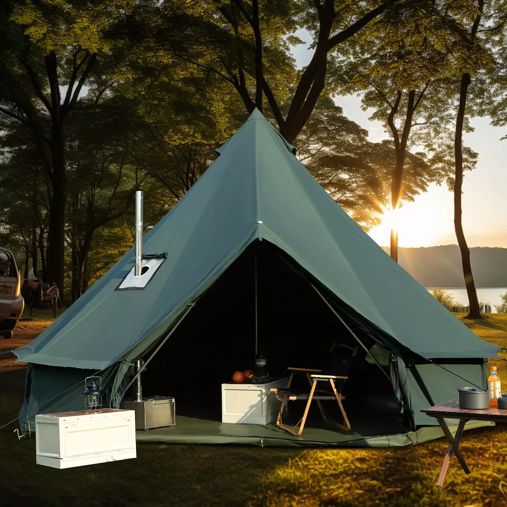 LVUYOYO 5M Green Cotton Canvas Bell Tent Stove Jack 4 Season Family Glamping Camping