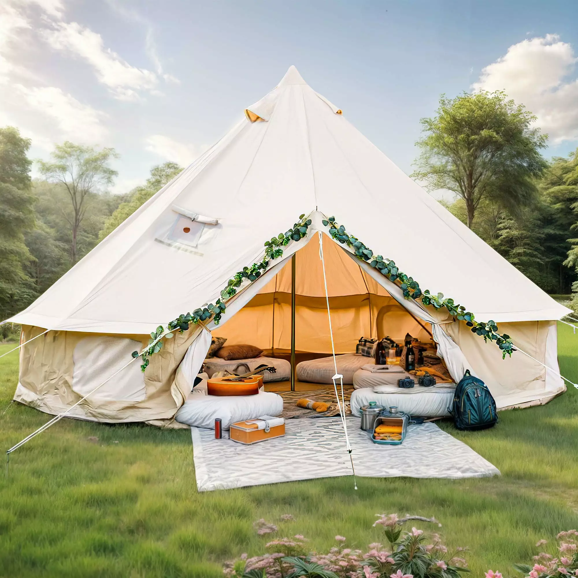 ModFusion 10ft All Season Waterproof Glamping Bell Tent 4 Breathable Windows and Stove Jacks Outdoor Family Gatherings 10