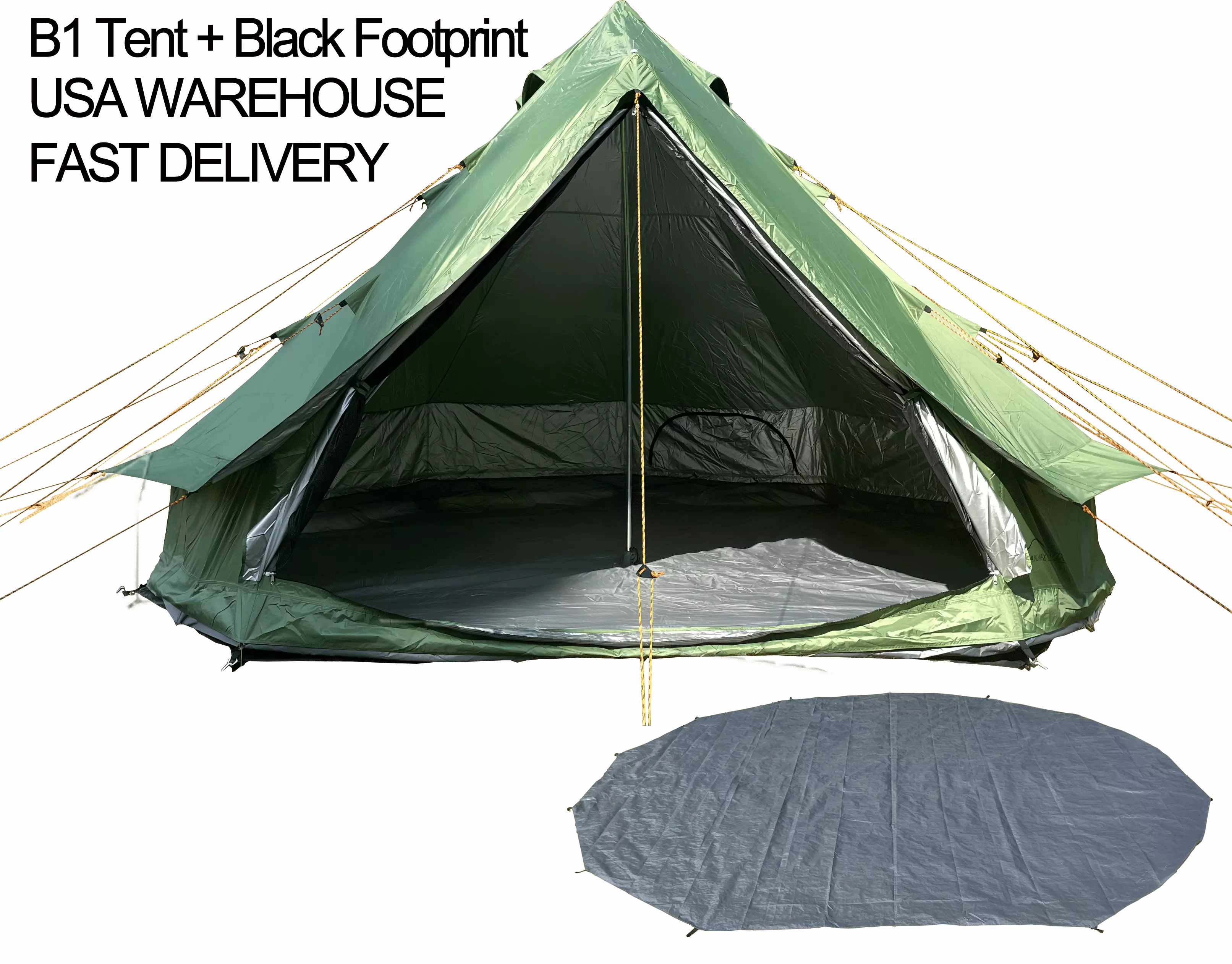 Outdoor Waterproof 13.2ft Green B1 Bell Tent Black Footprint Luxury Yurt 4-6 People Camping