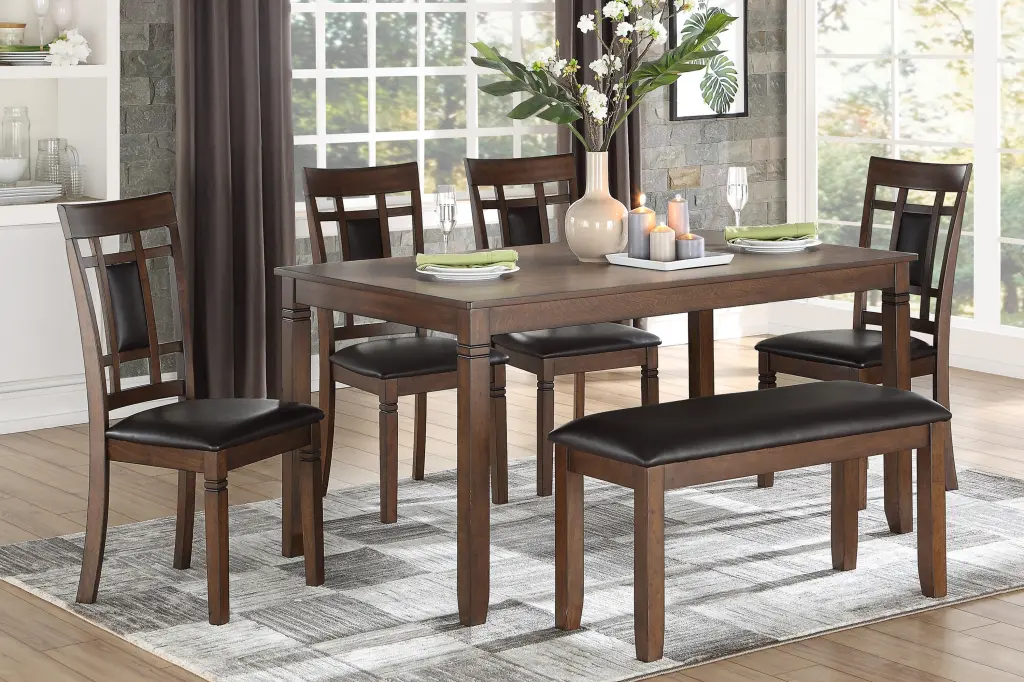 Timeless Cherry Finish 6 Piece Dining Set Table Bench 4 Chairs Faux Leather kanepe