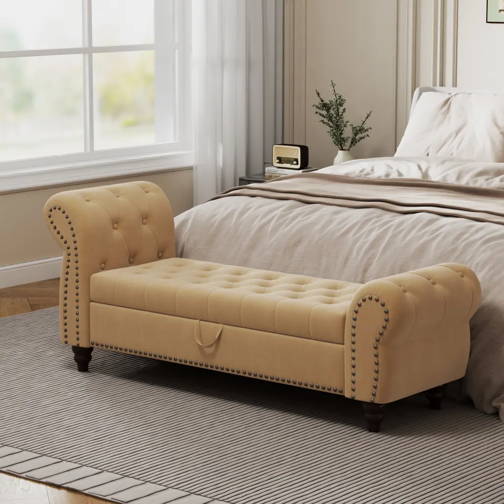 64.5" Bed Bench Bedroom Nails Tufted Chaise Lounge Storage hdf store