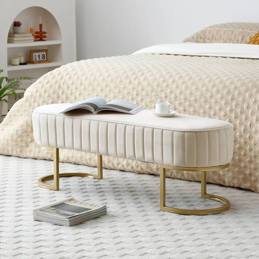 Bench Bedroom Bench Velvet Oval Upholstered End Bed Bench Gold aijiafurniture