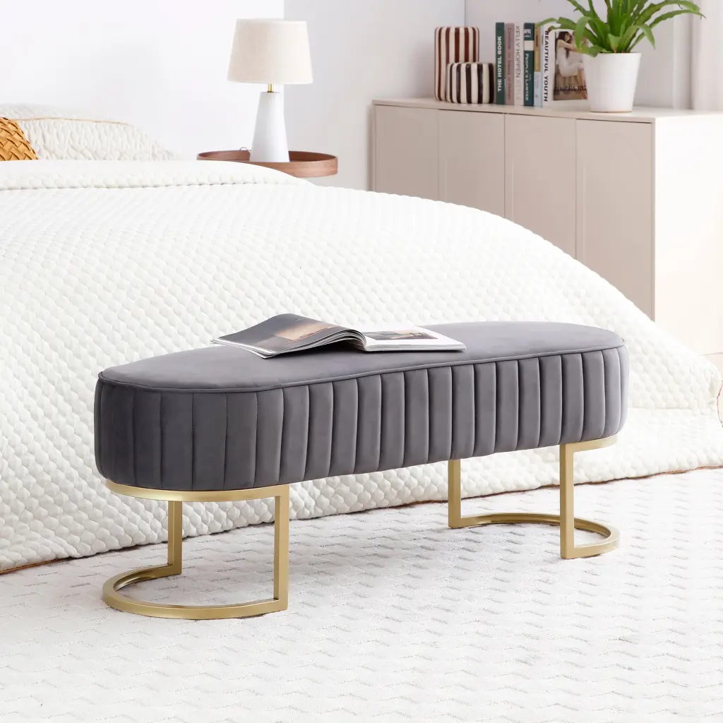 Velvet Oval Upholstered Bedroom Bench End Bed Bench Gold Legs aijiafurniture