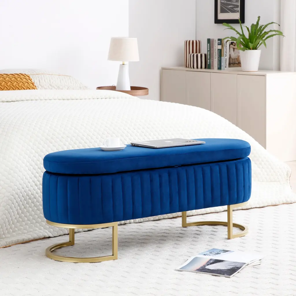 Velvet Oval Upholstered Storage Bench Bedroom End Bed aijiafurniture