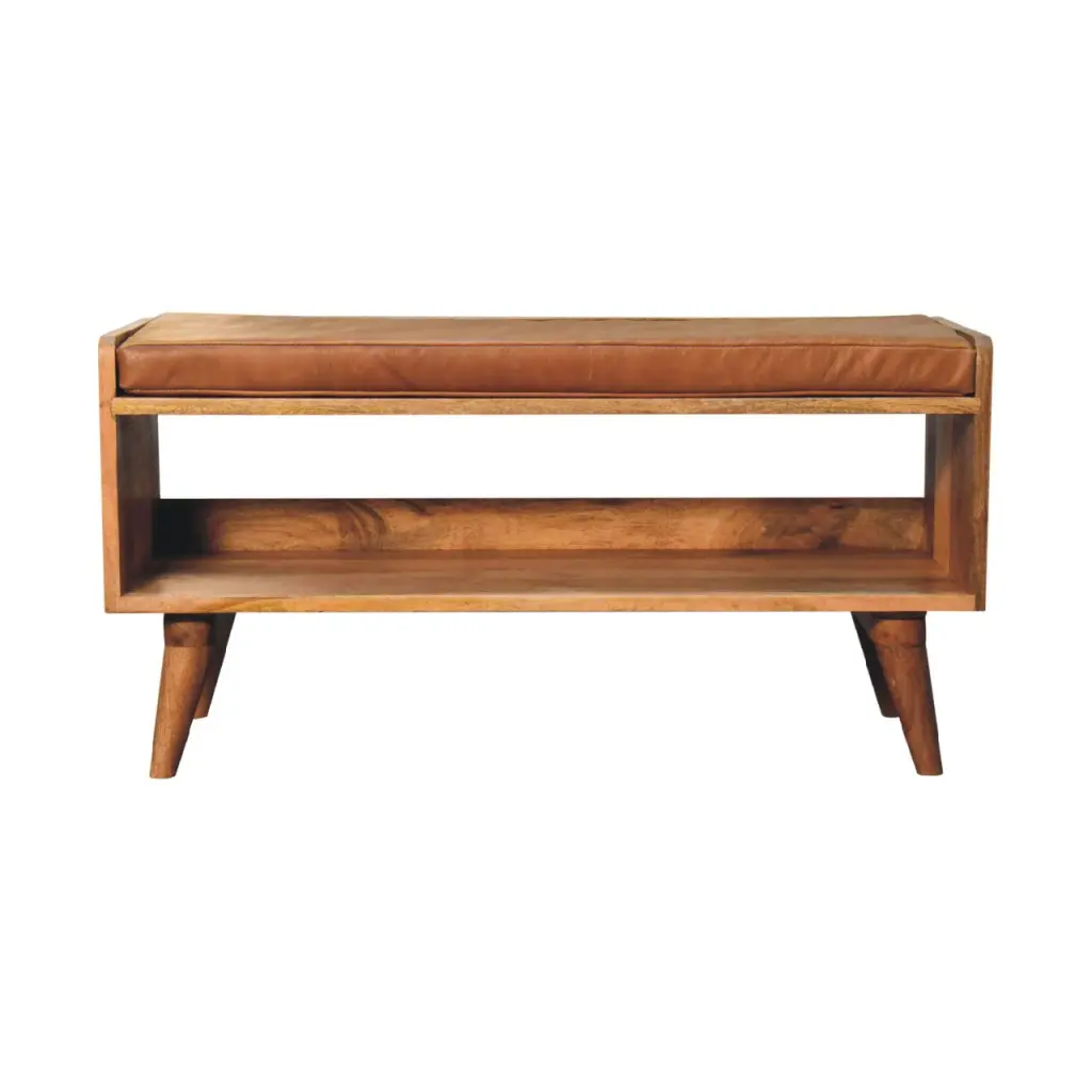 Oak Ish Bench Tan Leather Seatpad Oak Leather Solid Wood Entryway Furniture artisan furniture