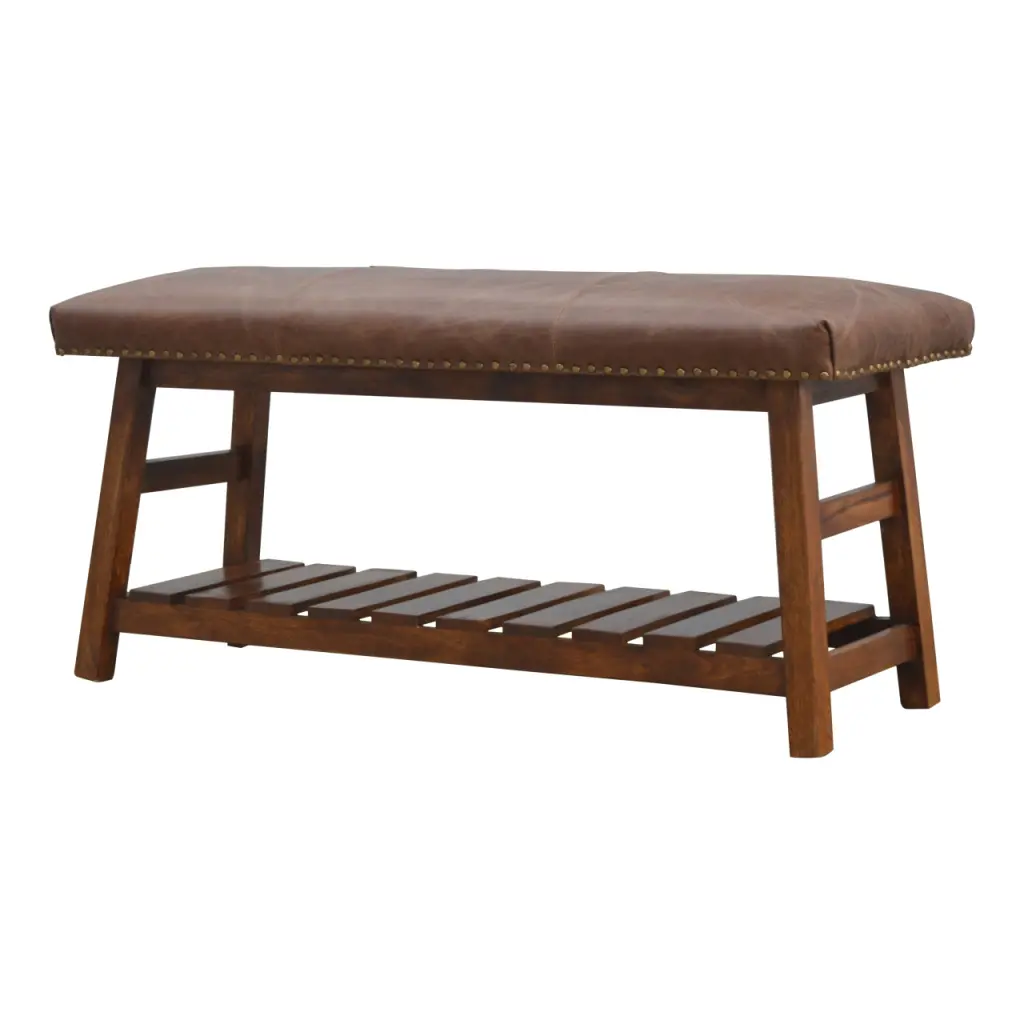 Solid Wood Buffalo Hide Hallway Bench Brown Leather Entryway Storage artisan furniture