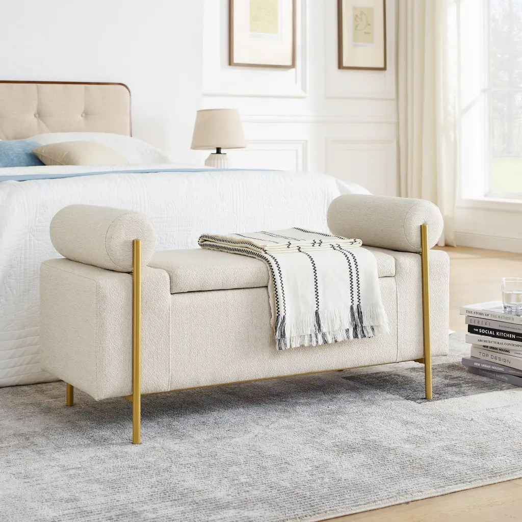 Elegant Upholstered Linen Storage Bench Cylindrical Arms and Iron Legs chuangyuan smart home
