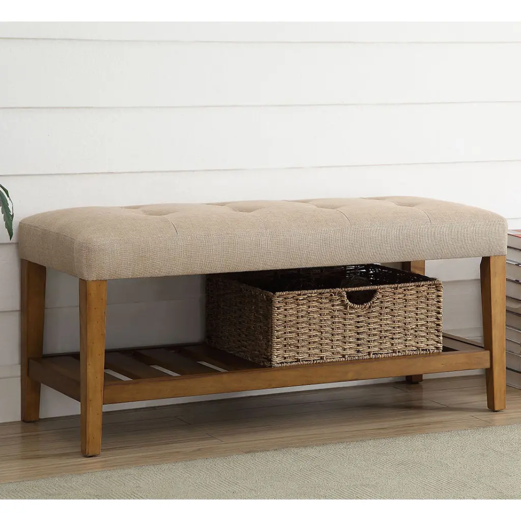 Beige and Oak Tufted Padded Seat Bench Bedroom or Living Room furniture max