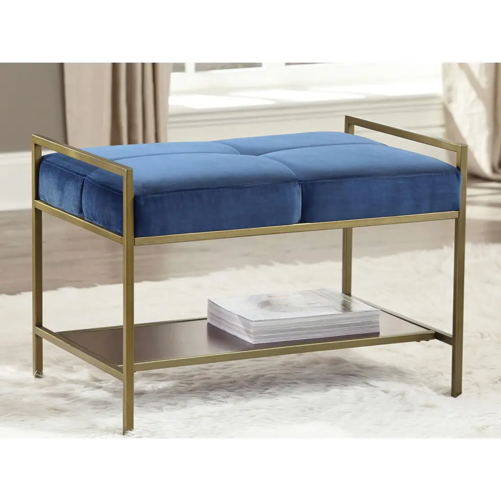 Navy Blue and Gold Upholstered Bench Bottom Storage Shelf furniture max