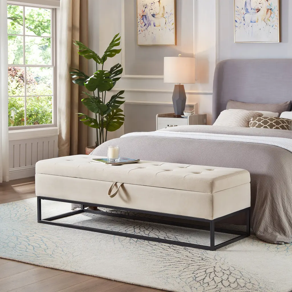 58.6 Inch Bed Bench Metal Base Storage Beige Velvet Foam hdf store