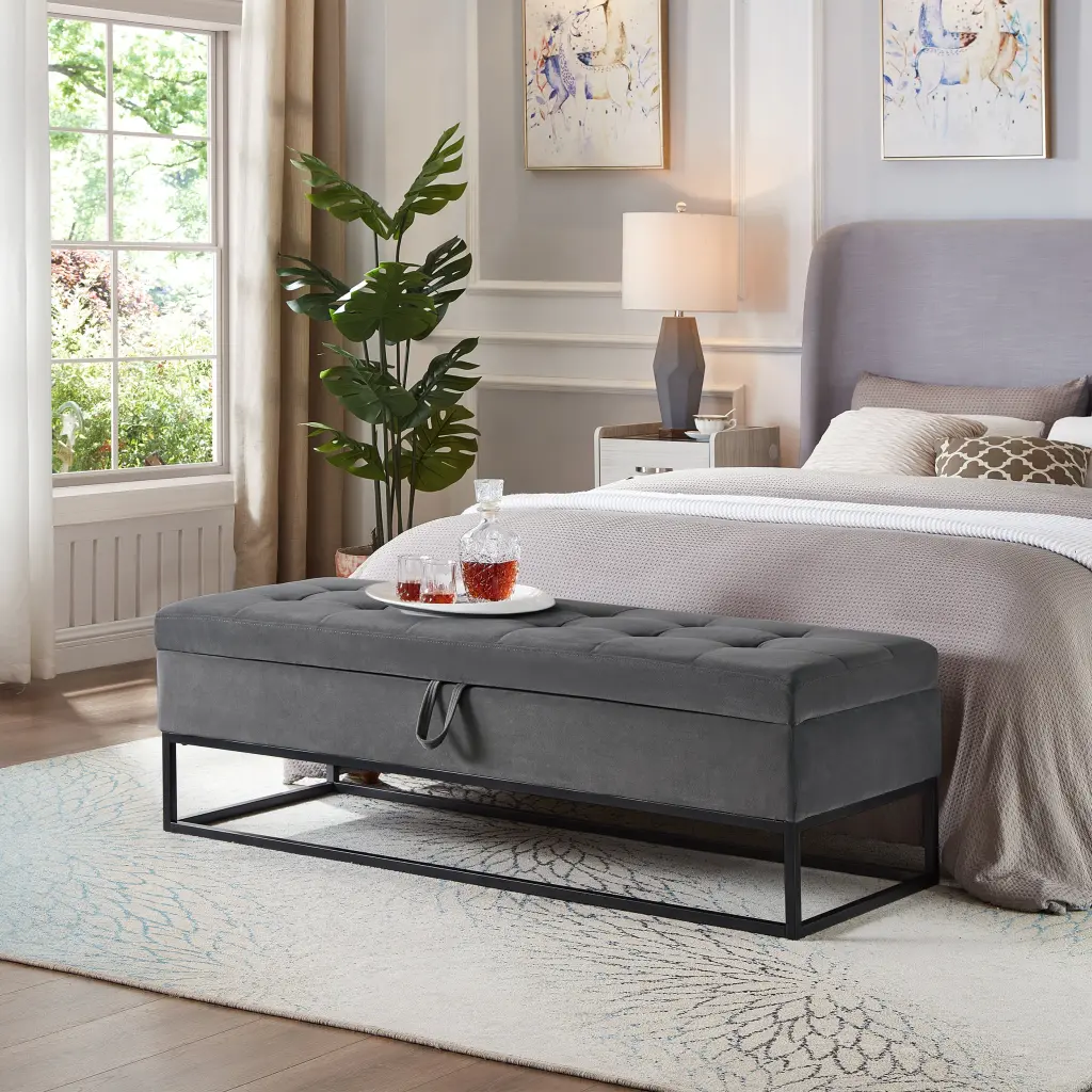 58.6 Inch Grey Velvet Bed Bench Storage and Metallic Base hdf store